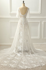 A-line V neck Floor-length Ivory Appliques Wedding Dress