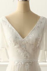 A-line V neck Floor-length Ivory Appliques Wedding Dress