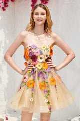 Champagne Strapless Homecoming Dress with 3D Flowers