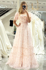A-Line Prom Dress Square Neck Floor Length With Short Sleeves Elegant Evening Party Dress Formal Dress