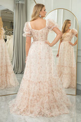 A-Line Prom Dress Square Neck Floor Length With Short Sleeves Elegant Evening Party Dress Formal Dress