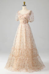 A-Line Prom Dress Square Neck Floor Length With Short Sleeves Elegant Evening Party Dress Formal Dress
