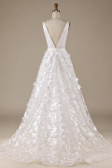 Aimishang Ivory A-Line V-Neck Wedding Dress with 3D Flowers