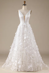 Aimishang Ivory A-Line V-Neck Wedding Dress with 3D Flowers