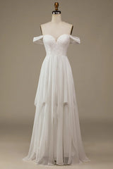 Aimishang Ivory Boho Chiffon Asymmetrical Wedding Dress with Lace
