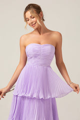 A-Line Sweetheart Tiered Chiffon Long Lilac Bridesmaid Dress with Pleated