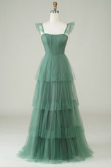 A Line Spaghetti Straps Long Tulle Eucalyptus Bridesmaid Dress