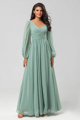 A Line Green Long Sleeves Bridesmaid Dress with Slit