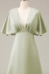 A-line V-neck short sleeved satin bridesmaid dress