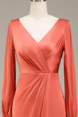 A-Line V-Neck Terracotta Satin Bridesmaid Dress With Slit