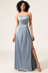 A-Line Spaghetti Straps Dusty Blue Satin Long Bridesmaid Dress