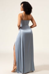 A-Line Spaghetti Straps Dusty Blue Satin Long Bridesmaid Dress