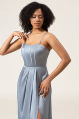 A-Line Spaghetti Straps Dusty Blue Satin Long Bridesmaid Dress