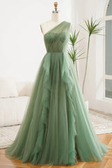 A Line Navy Blue One Shoulder Chiffon Long Ball Dress