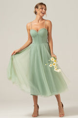 A-Line Tea-Length Corset Tulle Matcha Bridesmaid Dress