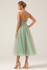 A-Line Tea-Length Corset Tulle Matcha Bridesmaid Dress