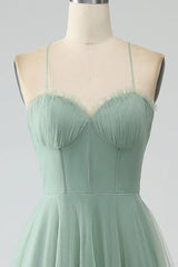 Matcha A-line thin shoulder strap tea long tight corset sheer bridesmaid dress