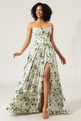 A-Line Spaghetti Straps Green Printed Long Prom Dress With Slit