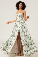 A-Line Spaghetti Straps Green Printed Long Prom Dress With Slit