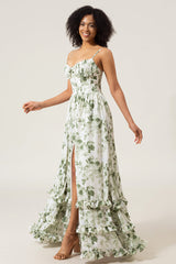 A-Line Spaghetti Straps Green Printed Long Prom Dress With Slit