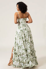 A-Line Spaghetti Straps Green Printed Long Prom Dress With Slit