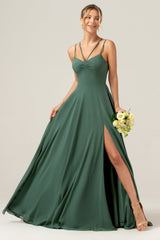 A-Line Spaghetti Straps Backless Pleated Eucalyptus Bridesmaid Dress