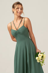 A-Line Spaghetti Straps Backless Pleated Eucalyptus Bridesmaid Dress