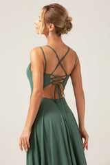 A-Line Spaghetti Straps Backless Pleated Eucalyptus Bridesmaid Dress