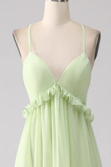 Light green A-line thin shoulder strap backless lotus leaf side length bridesmaid dress