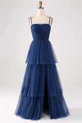 A Line thin shoulder strap layered sheer pleated slit prom dress