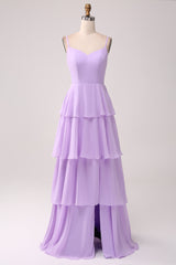 A Line Spaghetti Straps Tiered Chiffon Lilac Bridesmaid Dress with Slit