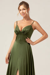 A-Line Spaghetti Straps Olive Satin Long Bridesmaid Dress with Slit