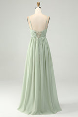 A-Line Dusty Sage Chiffon Spaghetti Straps Long Bridesmaid Dress with Slit