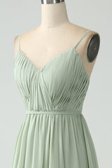 A-Line Dusty Sage Chiffon Spaghetti Straps Long Bridesmaid Dress with Slit