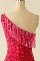 Hot Pink One Shoulder Sequin Homecoming Dress