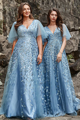 A Line V Neck Grey Blue Plus Size Prom Dress with Appliques