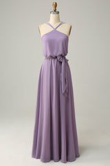 A Line Halter Grey Purple Long Bridemaid Dress with Bowknot