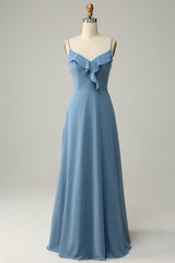 A Line Spaghetti Straps Grey Blue Long Bridesmaid Dress with Ruffles