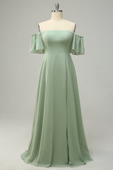 A Line Off the Shoulder Green Bridesmaid Dress with Ruffles