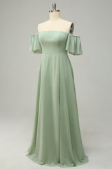 A Line Off the Shoulder Green Bridesmaid Dress with Ruffles