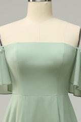 A Line Off the Shoulder Green Bridesmaid Dress with Ruffles