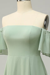 A Line Off the Shoulder Green Bridesmaid Dress with Ruffles