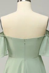 A Line Off the Shoulder Green Bridesmaid Dress with Ruffles