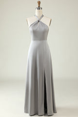 A Line Halter Neck Grey Long Bridesmaid Dress with Slit