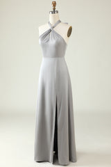 A Line Halter Neck Grey Long Bridesmaid Dress with Slit