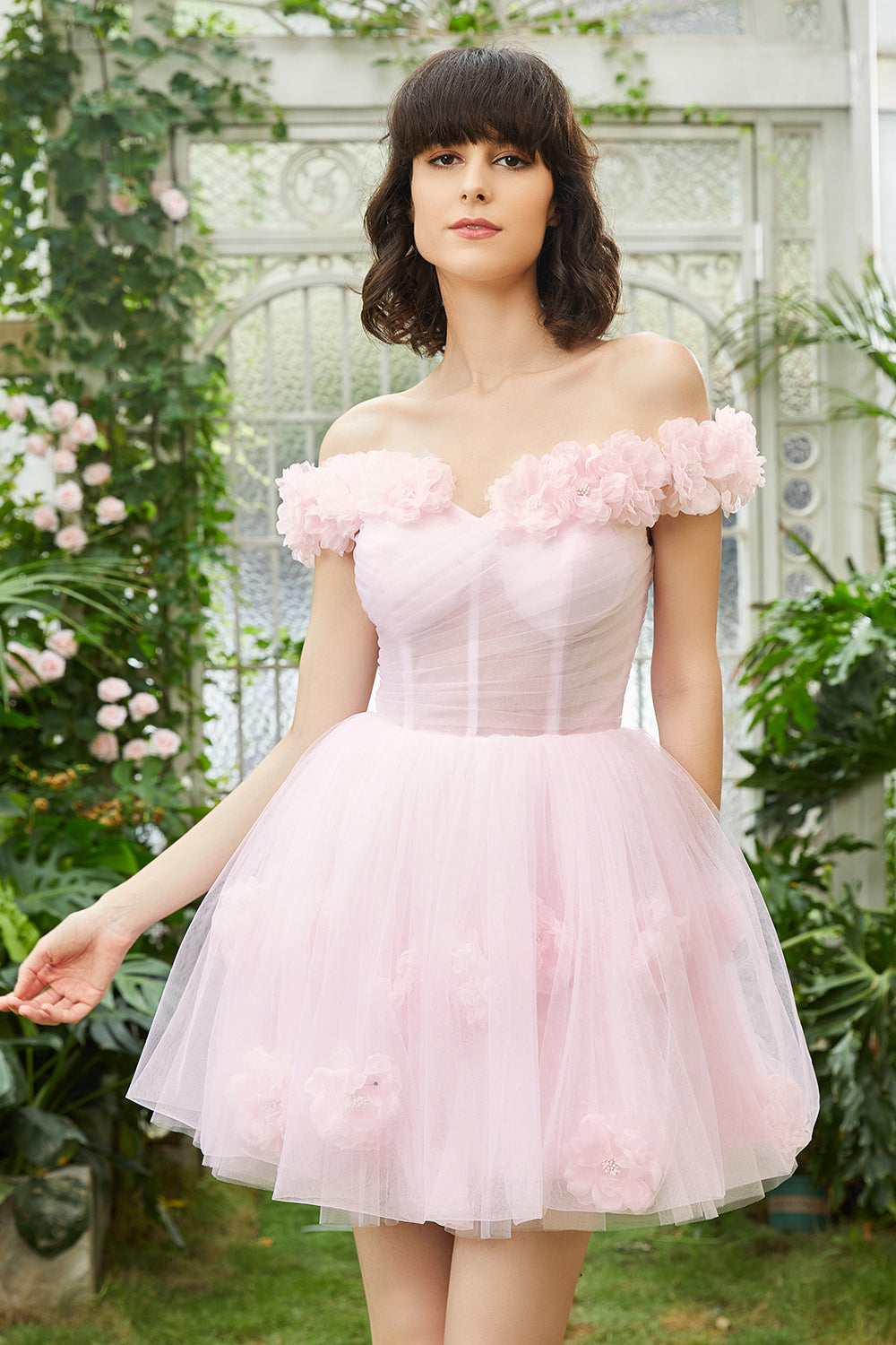 Pink Off the Shoulder Corset Homecoming Dress With Flowers