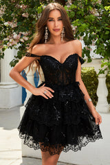 A Line Off the Shoulder Dark Blue Corset Homecoming Dress with Lace