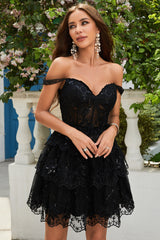 A Line Off the Shoulder Dark Blue Corset Homecoming Dress with Lace