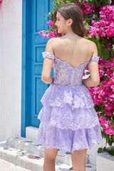 A Line Off the Shoulder Purple Corset Homecoming Dress with Lace