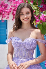 A Line Off the Shoulder Purple Corset Homecoming Dress with Lace